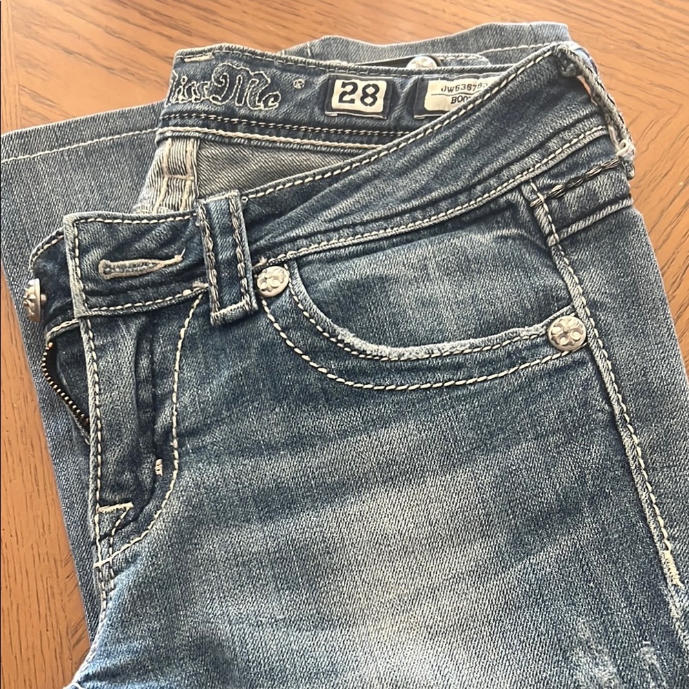 Miss Me Blue Bootcut Jeans with Distressed Finish